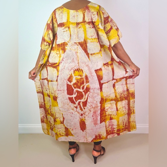 African Print Ankara Yellow Multicolor Cotton Tie Dye Midi Kaftan Dress - Picture 6 of 9